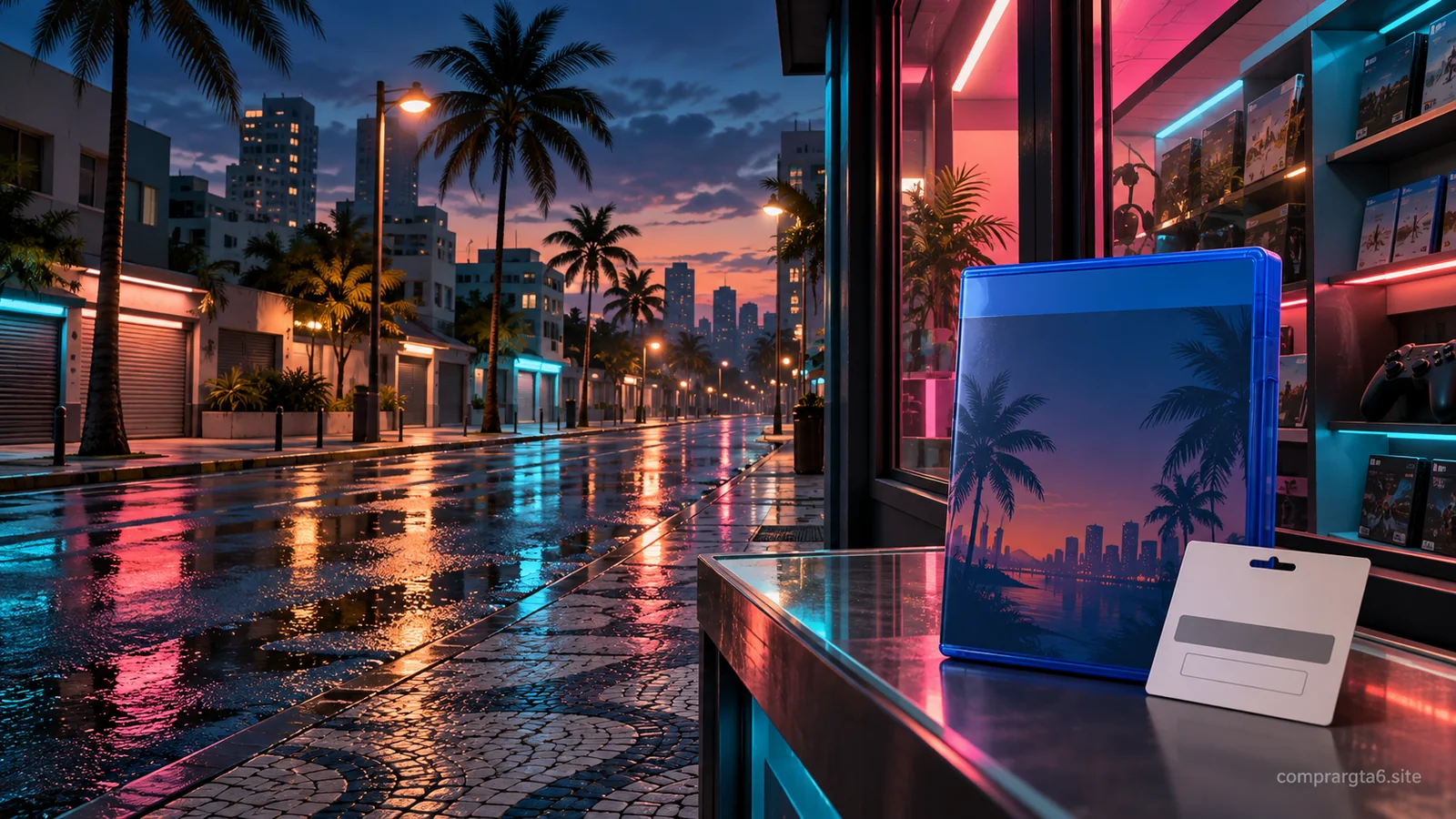 Avenida urbana brasileira ao anoitecer com vitrines e objetos de compra de jogo